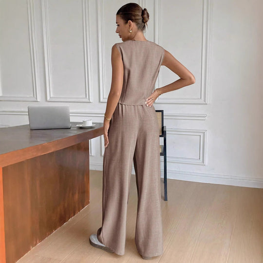 Damen Eleganter Anzug mit ärmellosem Blazer und weiten Hosen Shopnory