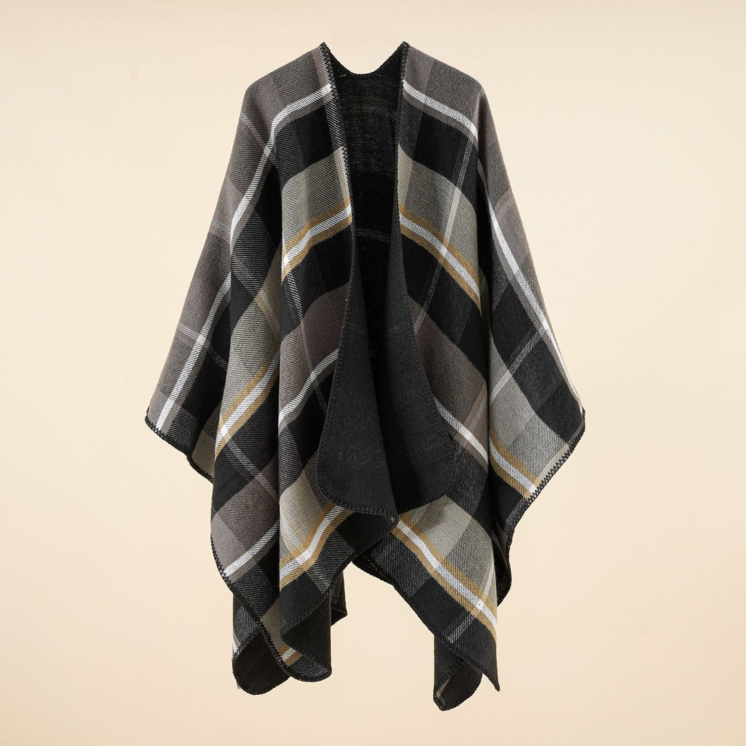 Damen Oversize-Rechteckponcho im Cape-Look mit Kettelsaum und Karomuster Shop Nory