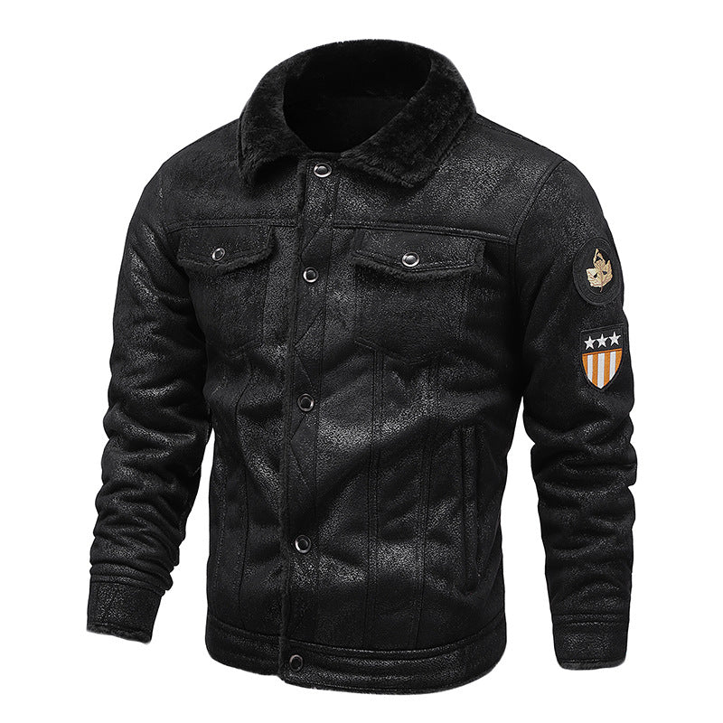 Herren Fliegerjacke aus Kunstleder mit Teddyfell-Futter und Aufnäher Shop Nory