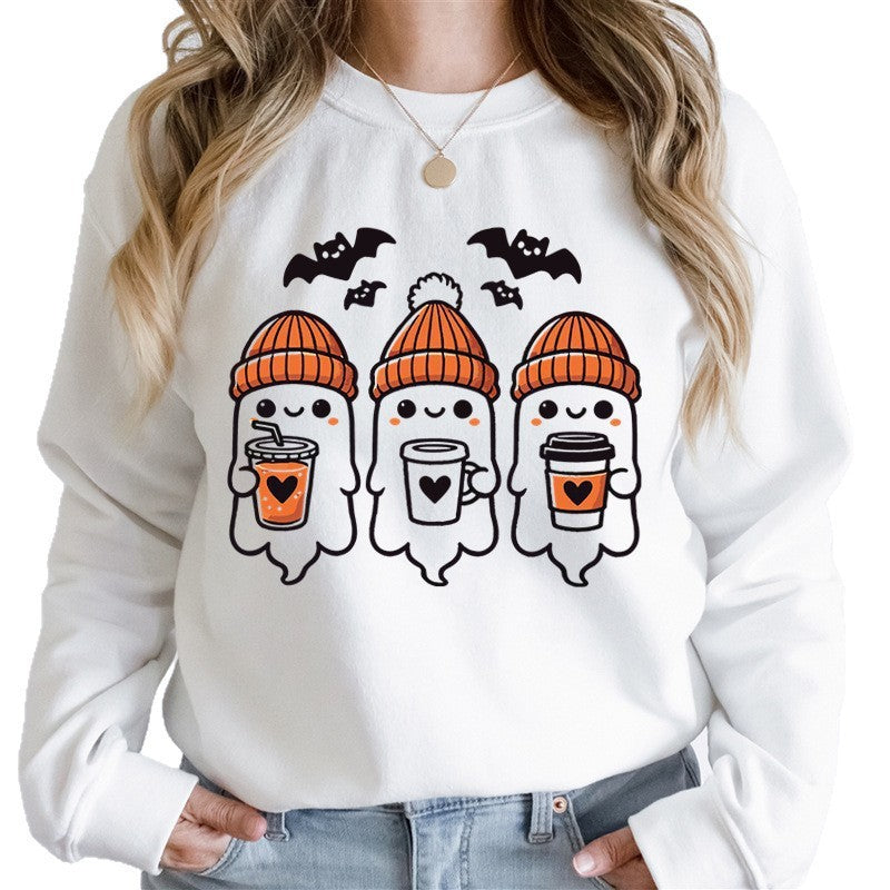 Damen gemütlicher Halloween Grafikpullover mit niedlichen Geist-Motiven, Rundhalsausschnitt und weichem Baumwollmix Shop Nory
