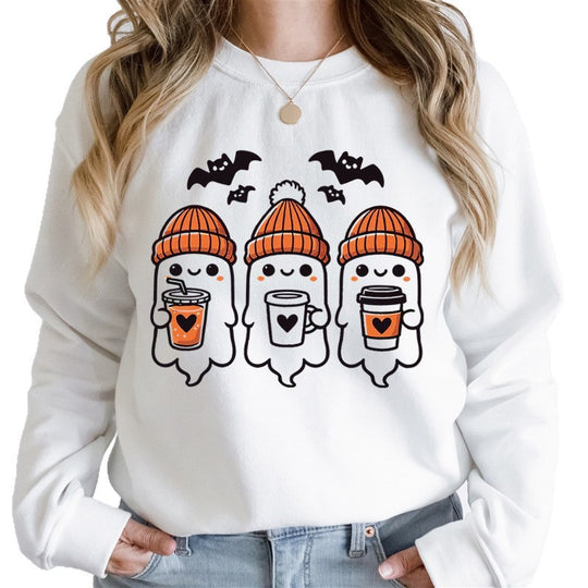 Damen gemütlicher Halloween Grafikpullover mit niedlichen Geist-Motiven, Rundhalsausschnitt und weichem Baumwollmix Shop Nory