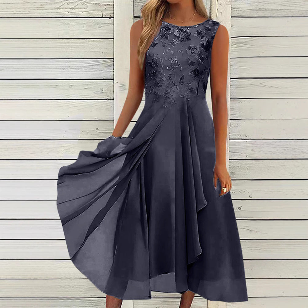 Damen nan ärmelloses Chiffon-Midikleid mit bestickter Brustpartie und asymmetrischem Lagenrock