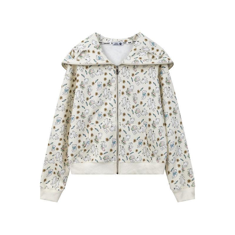 Damen Kapuzen-Sweatjacke mit Reißverschluss und niedlichem Allover-Print Shop Nory