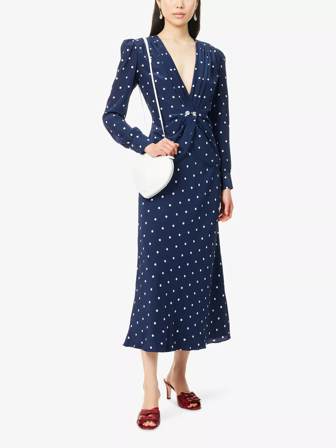 Damen Midikleid mit Punkteprint, tiefem V‑Ausschnitt, Wickelraffung und langen Ärmeln Shop Nory