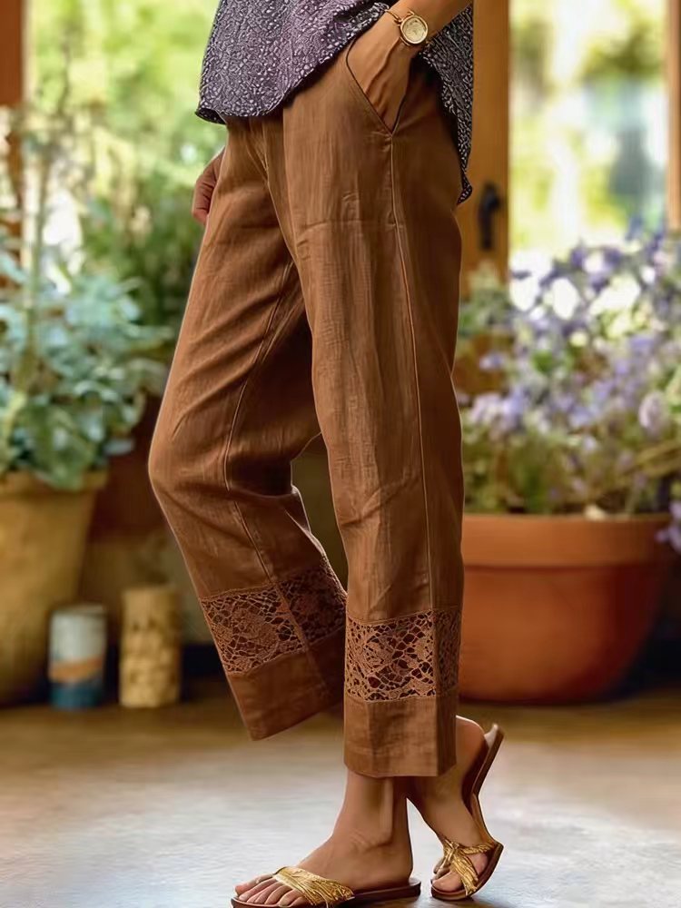 Damen Leinenoptik Culotte-Hose mit Spitzeinsatz am Saum und seitlichen Eingrifftaschen Shop Nory