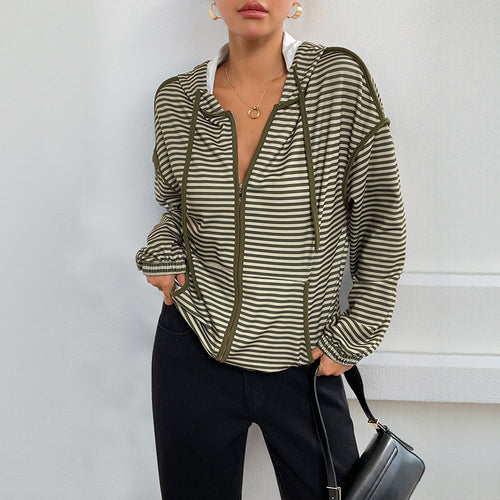 Damen Gestreifte Kapuzenjacke mit Reißverschluss, Tunnelzug und Elastischen Bündchen Shop Nory