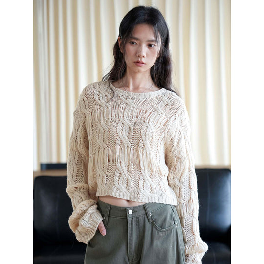 Damen kurzer Oversize Strickpullover mit Ajour‑Muster und Fransen Shop Nory