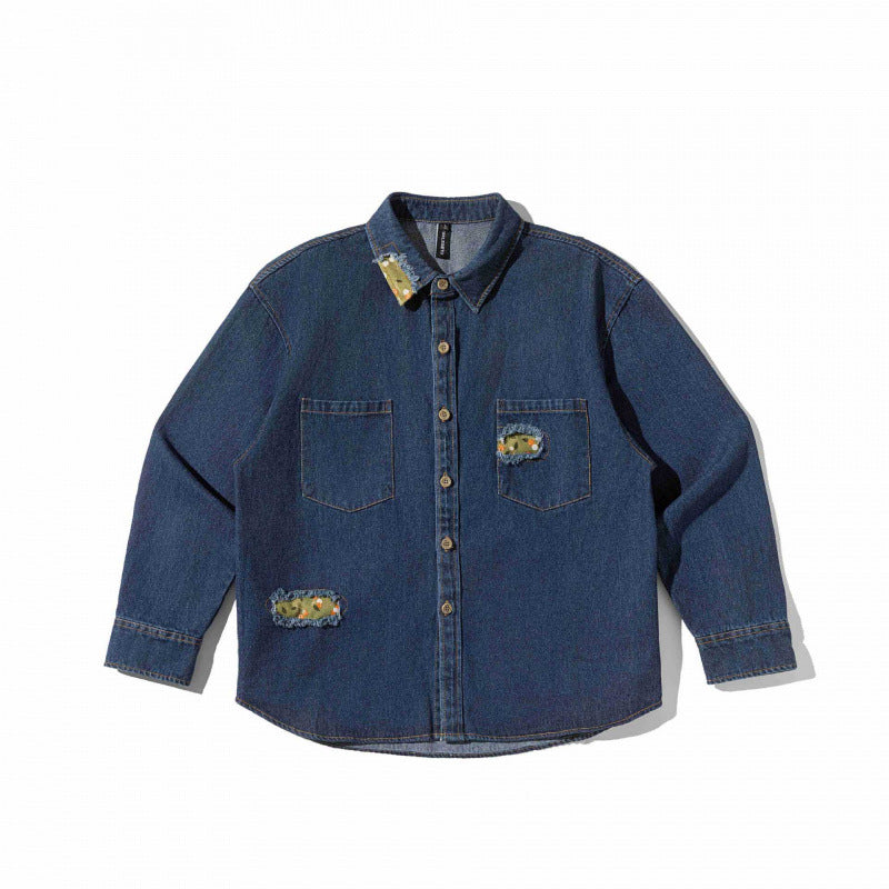 Unisex Kastenförmige Denim-Hemdjacke mit dekorativen Destroy-Applikationen und Oversized-Silhouette Shop Nory