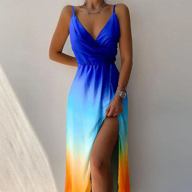 Kleid mit Hosenträgern und V-Ausschnitt mit geteiltem Print