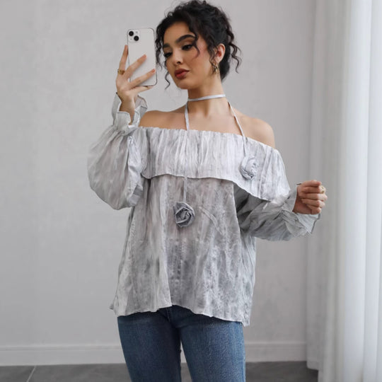 Damen Schulterfreies Crinkle-Blusentop mit Volant, Ballonärmeln und Choker Shop Nory