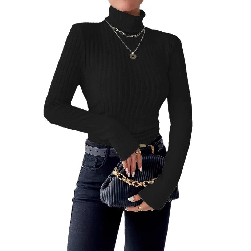 Damen Figurbetonter Rippstrick-Rollkragenpullover mit langen Ärmeln Shop Nory