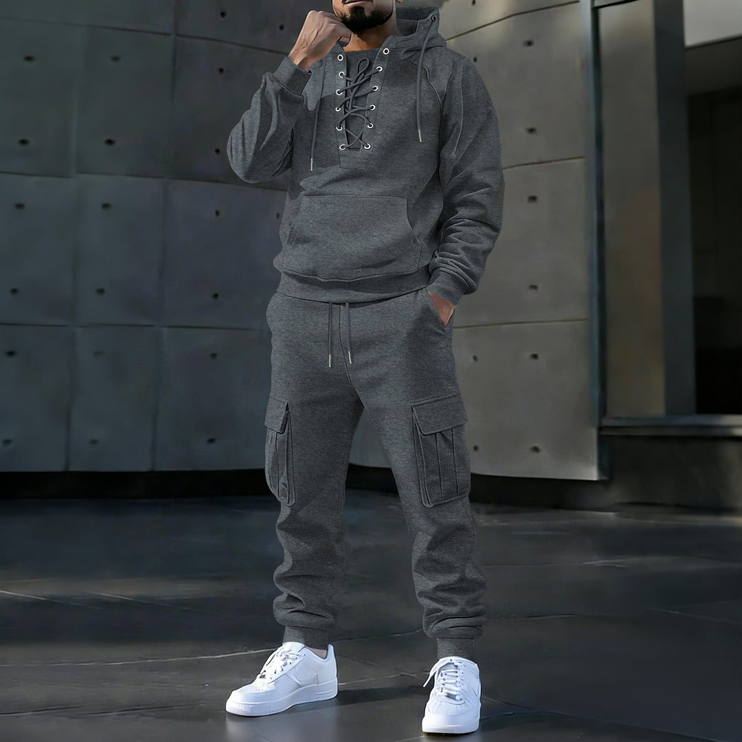 Herren Kapuzenpullover mit markanter Vorderschnürung, Kängurutasche und elastischen Bündchen Shop Nory