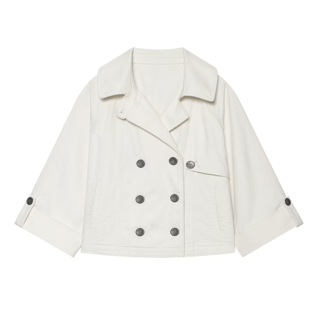 Damen Kurze Doppelreihige Cape‑Trenchjacke mit überschnittener Schulter und verstellbaren Ärmelriegeln Shop Nory