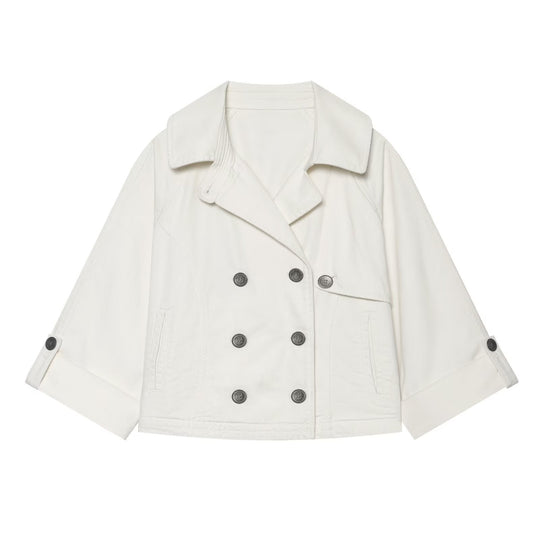 Damen Kurze Doppelreihige Cape‑Trenchjacke mit überschnittener Schulter und verstellbaren Ärmelriegeln Shop Nory
