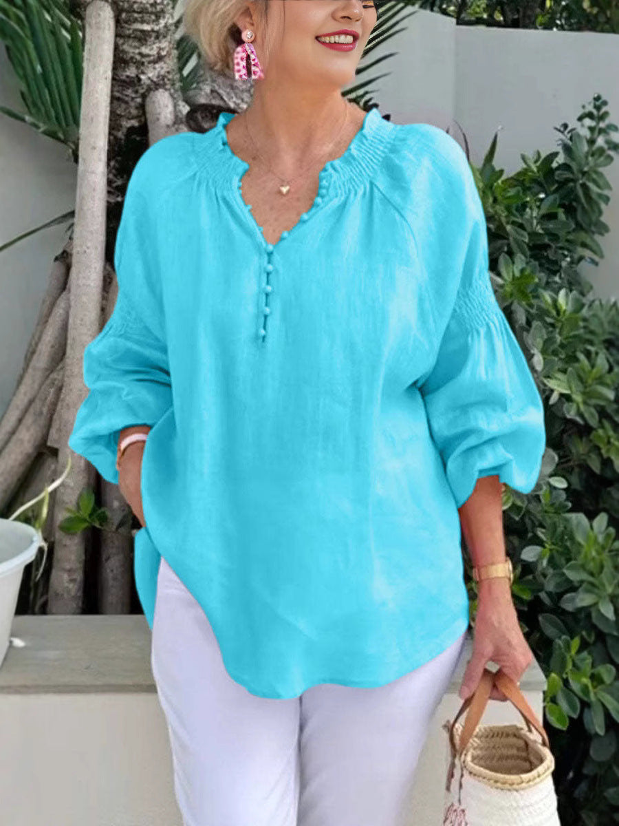 Damen Leichte Bluse mit elastischen Puffärmeln und Knopfleiste