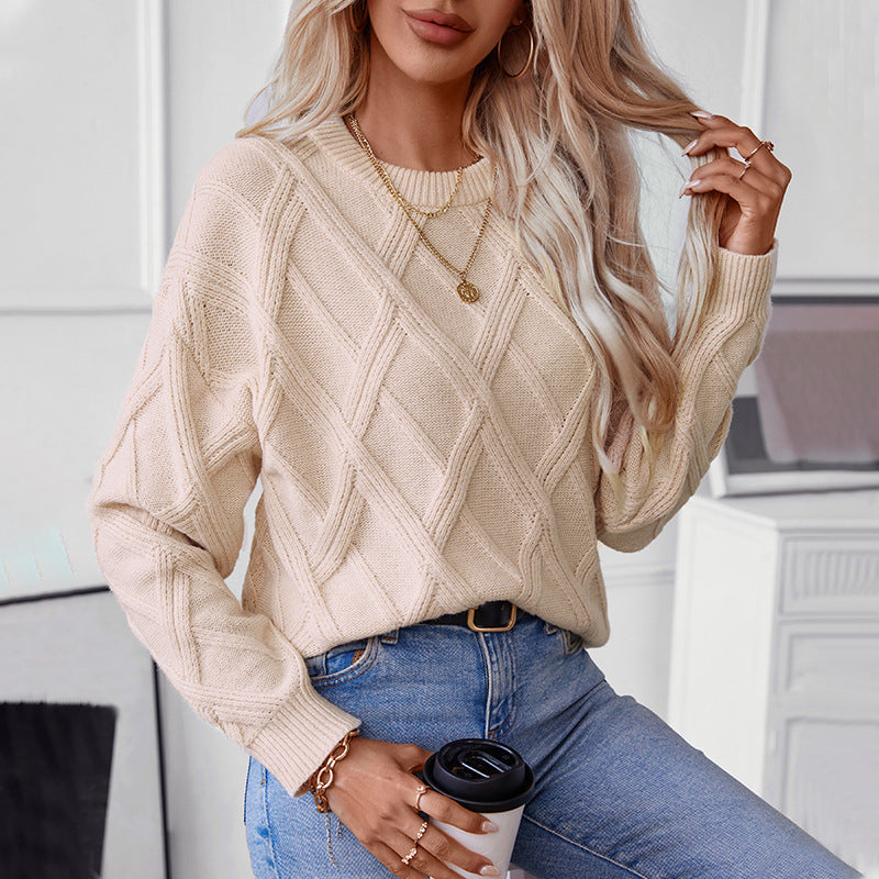 Damen nan grobstrukturierter Strickpullover mit großem Rautenmuster, geripptem Saum und Rundhalsausschnitt Shop Nory