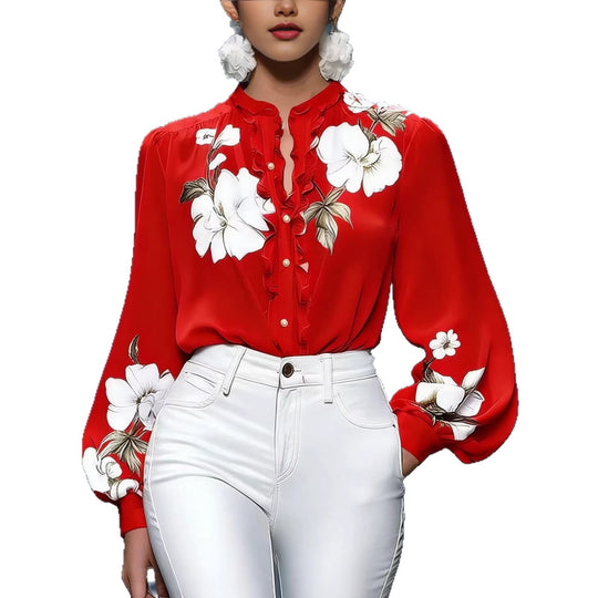 Damen Seidenbluse mit Rüschenblende und floraler Applikation Shop Nory