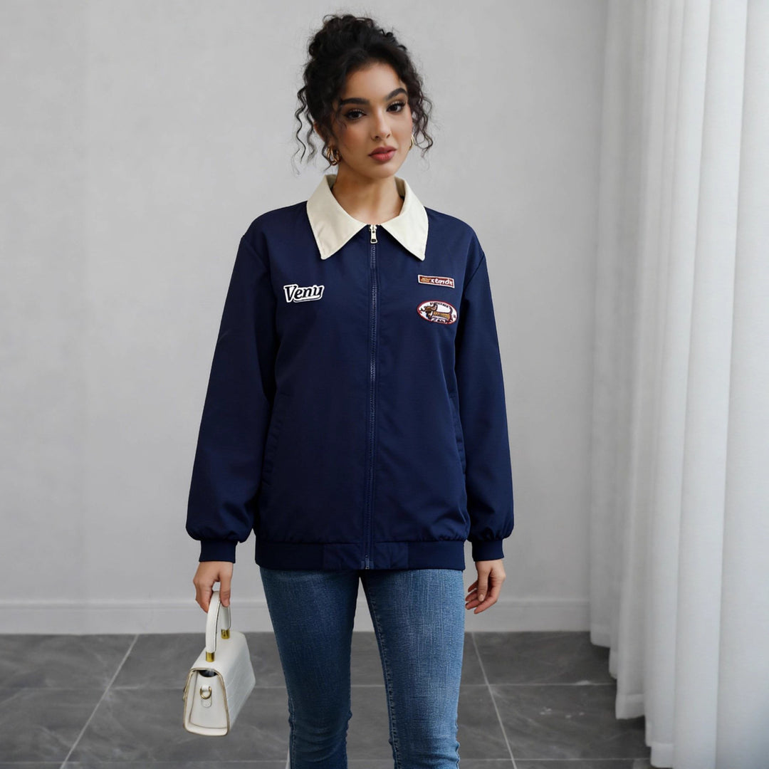 Damen Leichte Bomberjacke mit Kontrastkragen und Aufnähern Shop Nory