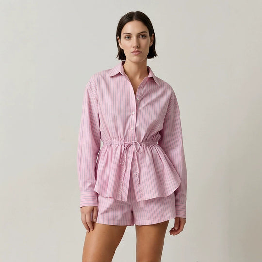 Damen Gestreiftes Loungewear-Set aus Leichtbaumwolle mit Kordel-Taille & Shorts Shop Nory