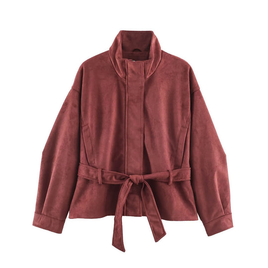 Damen Kurzjacke in Velours‑Optik mit hohem Funnelkragen, verdecktem Verschluss und Taillenbindegürtel Shop Nory