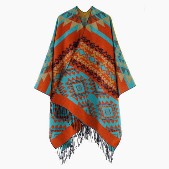 Damen Oversize Jacquard‑Cape im Ethno‑Jacquard mit Fransen Shop Nory