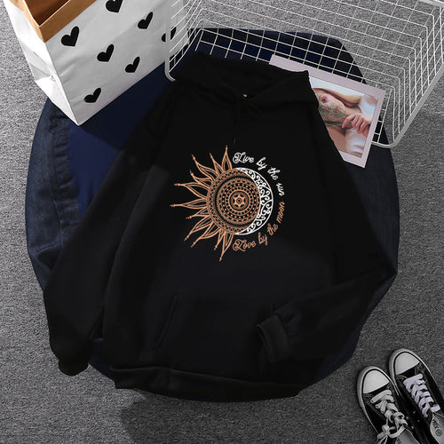 Damen nan Kapuzenpullover mit Sonn-und-Mond-Mandala, Kängurutasche und angerautem Fleece Shop Nory