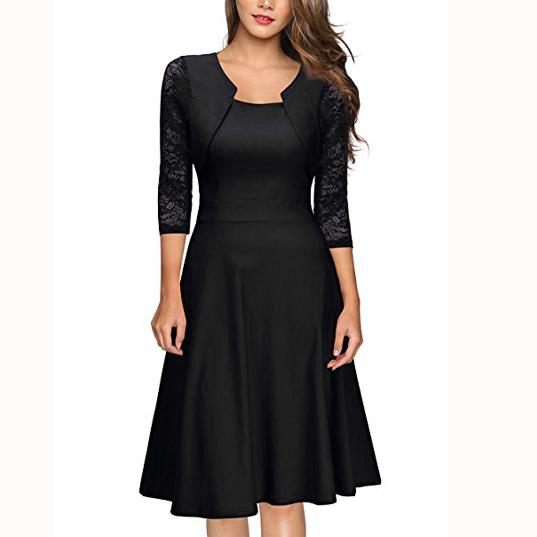 Damen Midi-Kleid mit Spitzenärmeln und schwingendem Rock