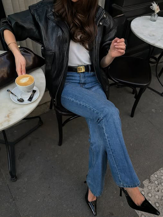Damen Gerade geschnittene Jeans mit hoher Taille, rohem Saum und leichtem Bootcut Shop Nory