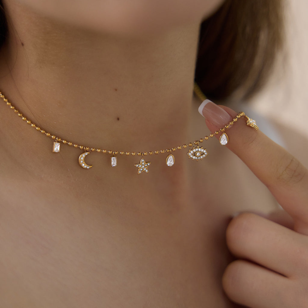 Damen Halskette mit mehrfachen Anhängern im Stern- und Monddesign aus hypoallergenem Edelstahl Shop Nory