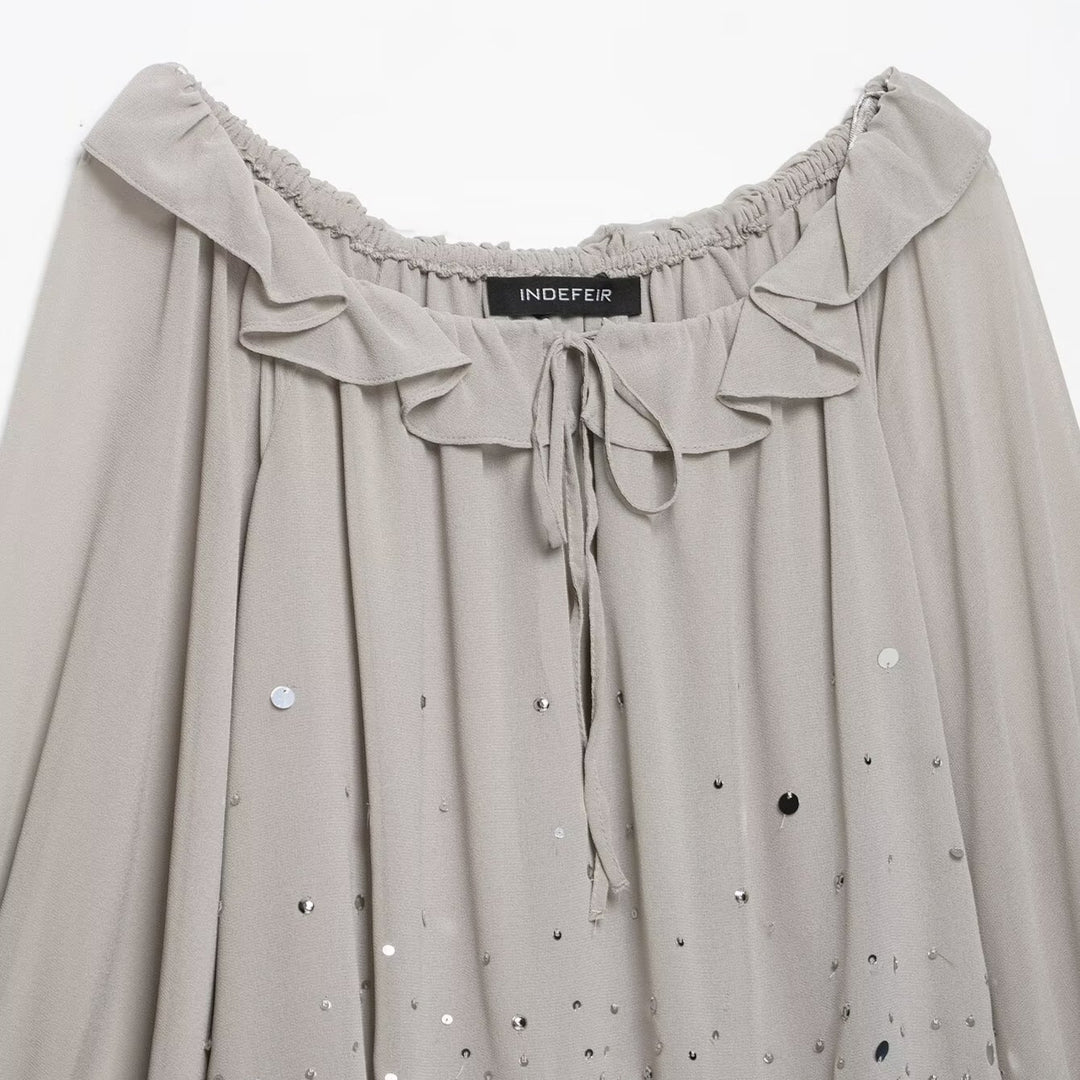 Damen Fließendes Chiffon-Minikleid mit Carmen-Ausschnitt, Volants und Pailletten Shop Nory