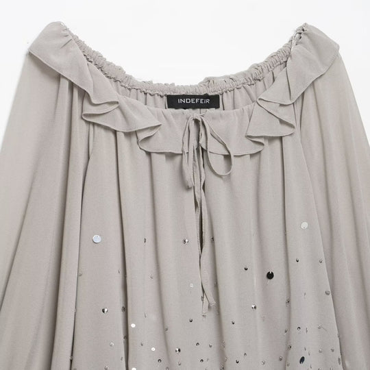 Damen Fließendes Chiffon-Minikleid mit Carmen-Ausschnitt, Volants und Pailletten Shop Nory