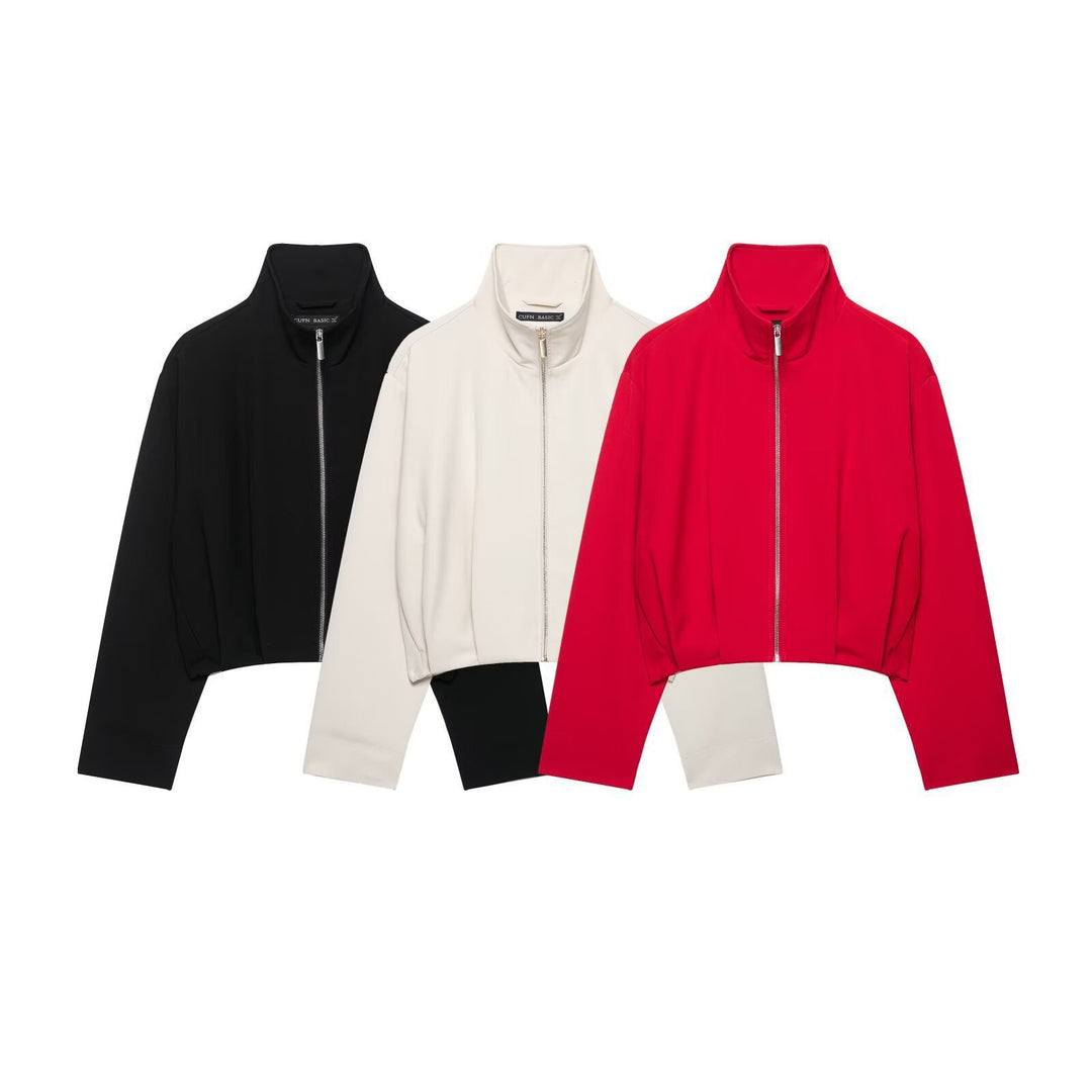 Damen Kurze Stehkragen-Bomberjacke mit Reißverschluss und tailliertem Bündchen Shop Nory