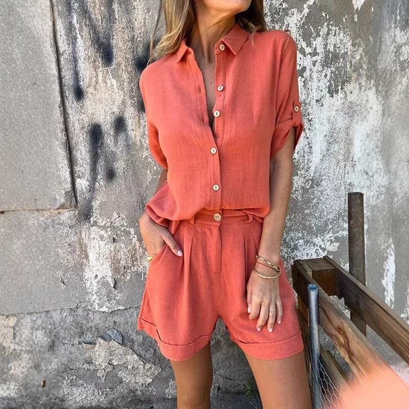 Damen Kurzoverall mit elegantem Hemdkragen und Taillengürtel Shopnory