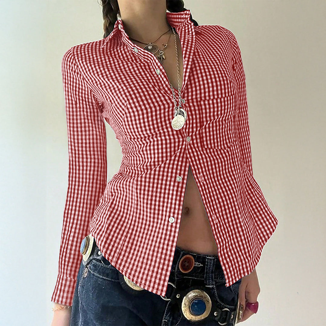 Damen nan taillierte Karobluse mit Hemdkragen, durchgehender Knopfleiste und geschwungenem Saum Shop Nory