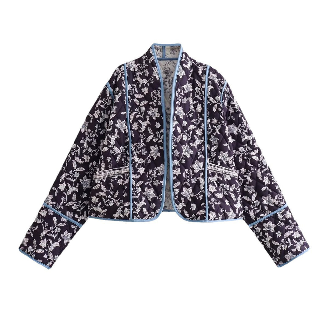 Damen Gestepptes Cropped-Steppjacke mit floralem Allovermuster und kontrastierender Paspelierung Shop Nory