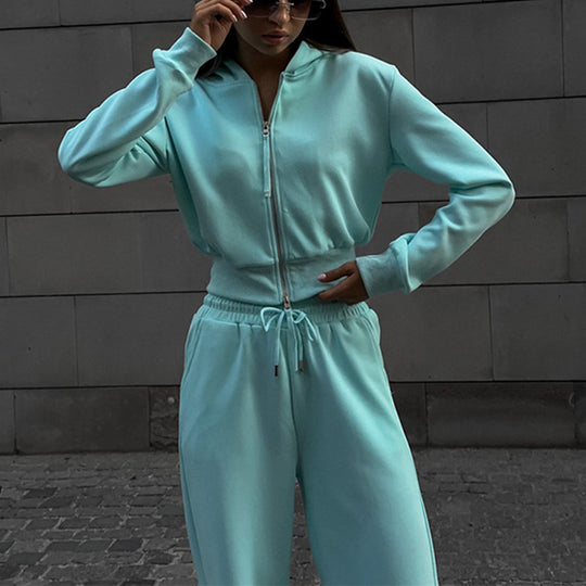 Damen Zweiteiliges Loungewear-Set mit kurzem Zip-Bomber und weiter High-Waist-Palazzohose Shop Nory