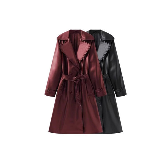 Damen Lange glänzende Trenchcoat-Übergangsjacke aus Lederoptik mit Taillengürtel Shop Nory