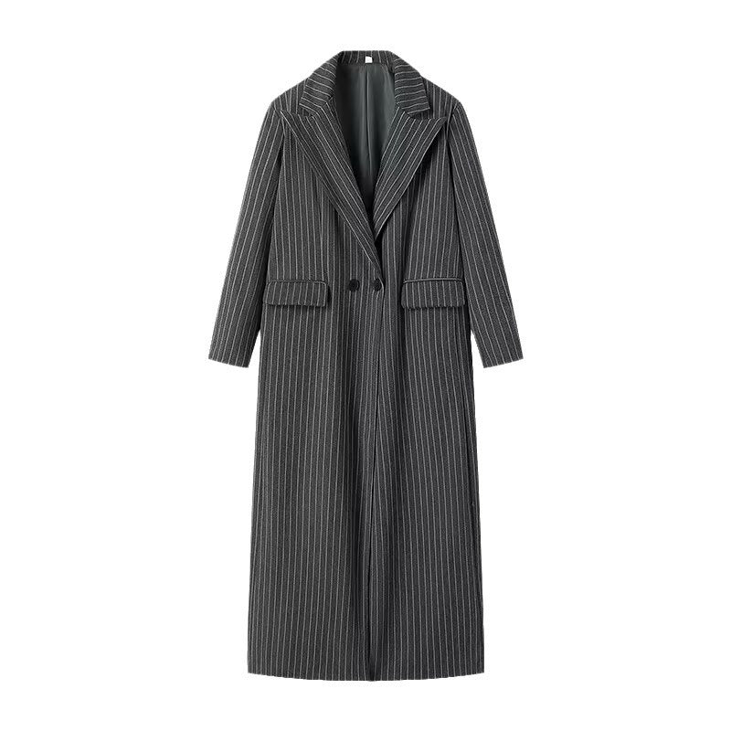 Damen Longline-Wollmixmantel mit Nadelstreifen, tailliertem Revers und Pattentaschen Shop Nory