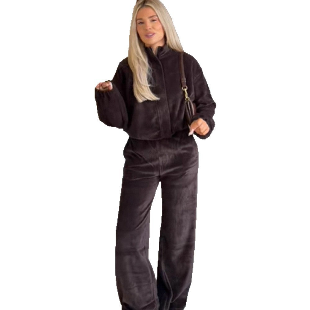 Damen Samt-Relax-Set mit Reißverschluss-Jacke, Stehkragen & High‑Waist Weitbein‑Hose Shop Nory