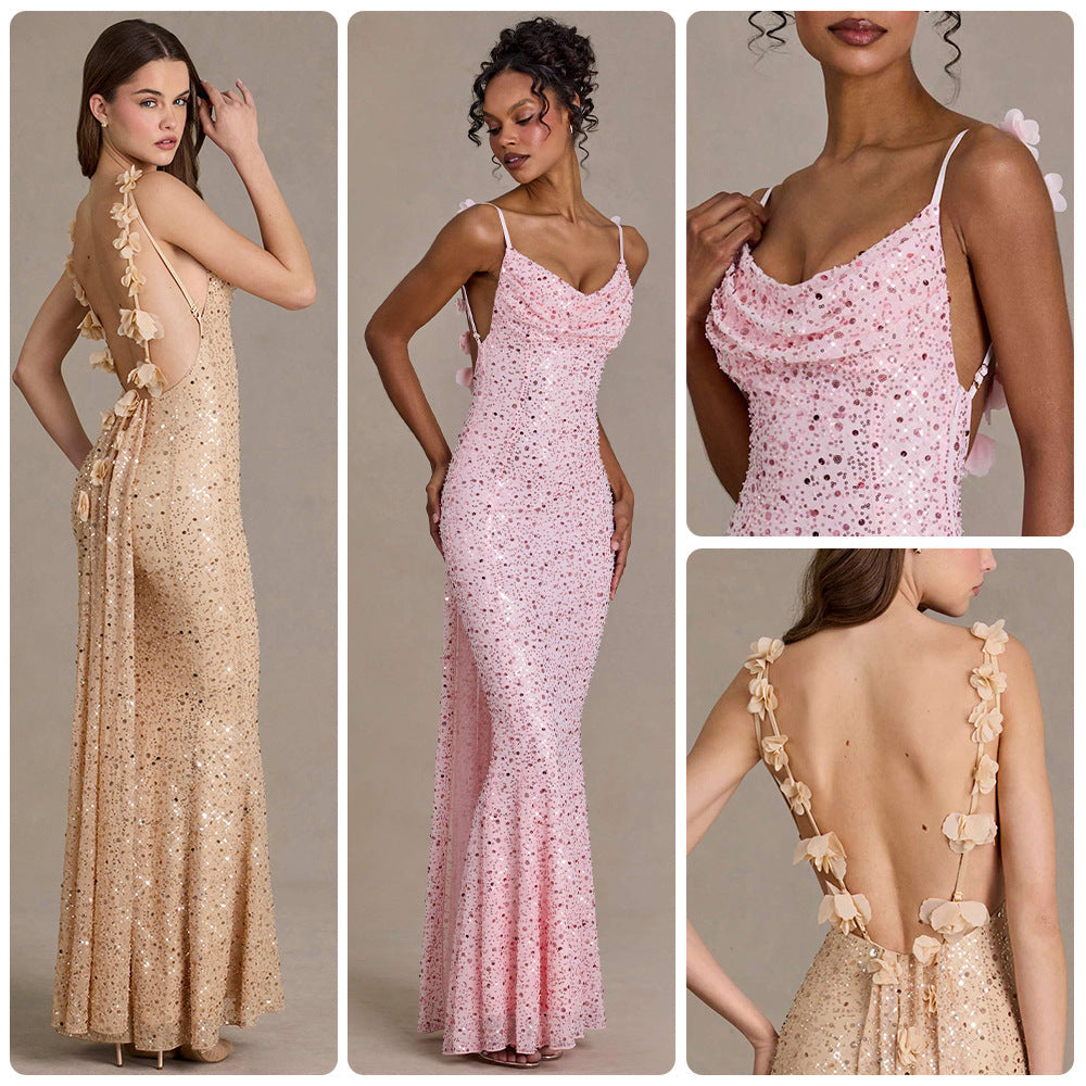 Damen elegantes Pailletten-Maxi-Kleid mit schickem Wasserfallausschnitt und figurbetonter Silhouette Shopnory
