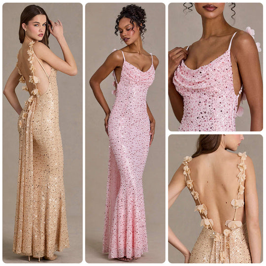 Damen elegantes Pailletten-Maxi-Kleid mit schickem Wasserfallausschnitt und figurbetonter Silhouette Shopnory