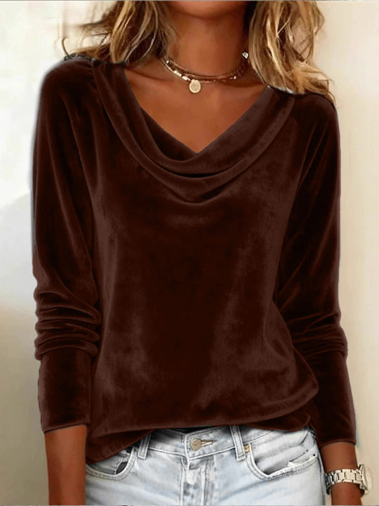 Damen Samt-Longsleeve mit Wasserfallkragen und legerem Schnitt Shop Nory
