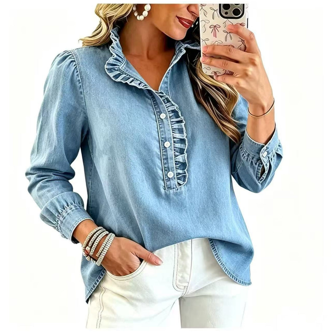 Damen Jeansbluse mit Rüschenkragen und Ballonärmeln Shop Nory
