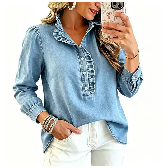 Damen Jeansbluse mit Rüschenkragen und Ballonärmeln Shop Nory