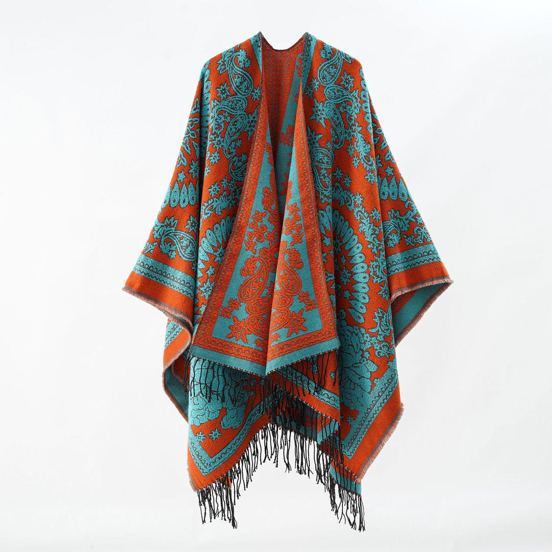 Damen Jacquard-Umhangponcho aus Wollmix mit beidseitigem Paisley-Jacquard und Fransen Shop Nory
