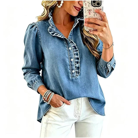 Damen Jeansbluse mit Rüschenkragen und Ballonärmeln Shop Nory