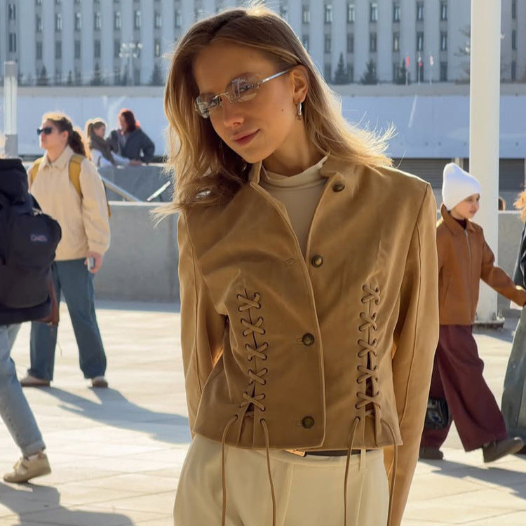 Damen Kurzjacke aus Veloursleder-Optik mit seitlichen Schnürungen & Stehkragen Shop Nory