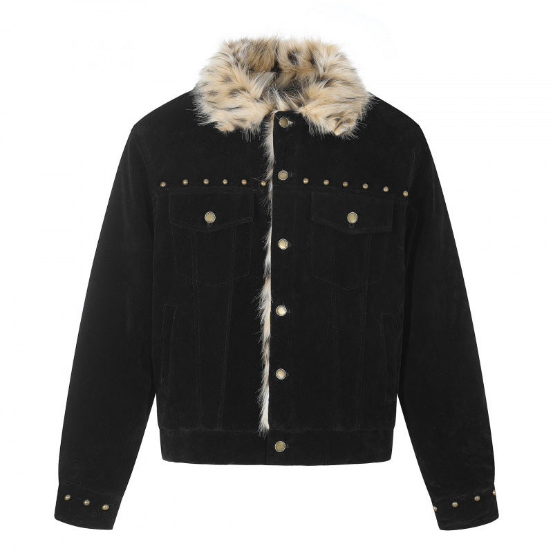 Herren Kurzjacke aus Velourslederimitat mit Kunstfellkragen und Nieten-Details Shop Nory