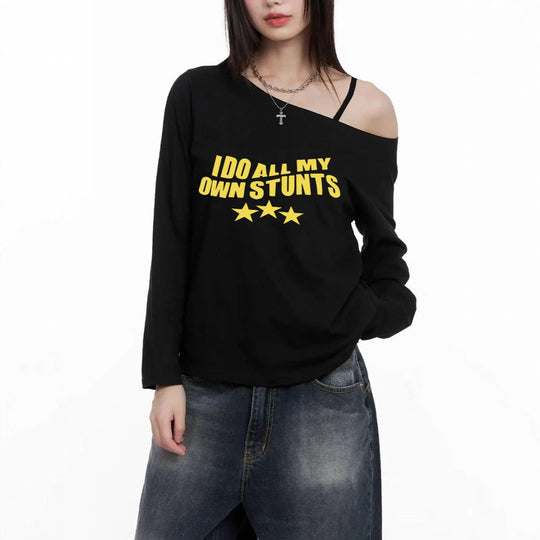 Damen nan lässiges asymmetrisches Off-Shoulder Langarmshirt mit auffälligem Statement-Print und lockerer Oversize-Passform Shop Nory