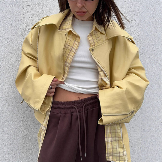 Damen Oversize-Bikerjacke aus veganem Lederimitat mit großem Revers und Taillengürtel Shop Nory